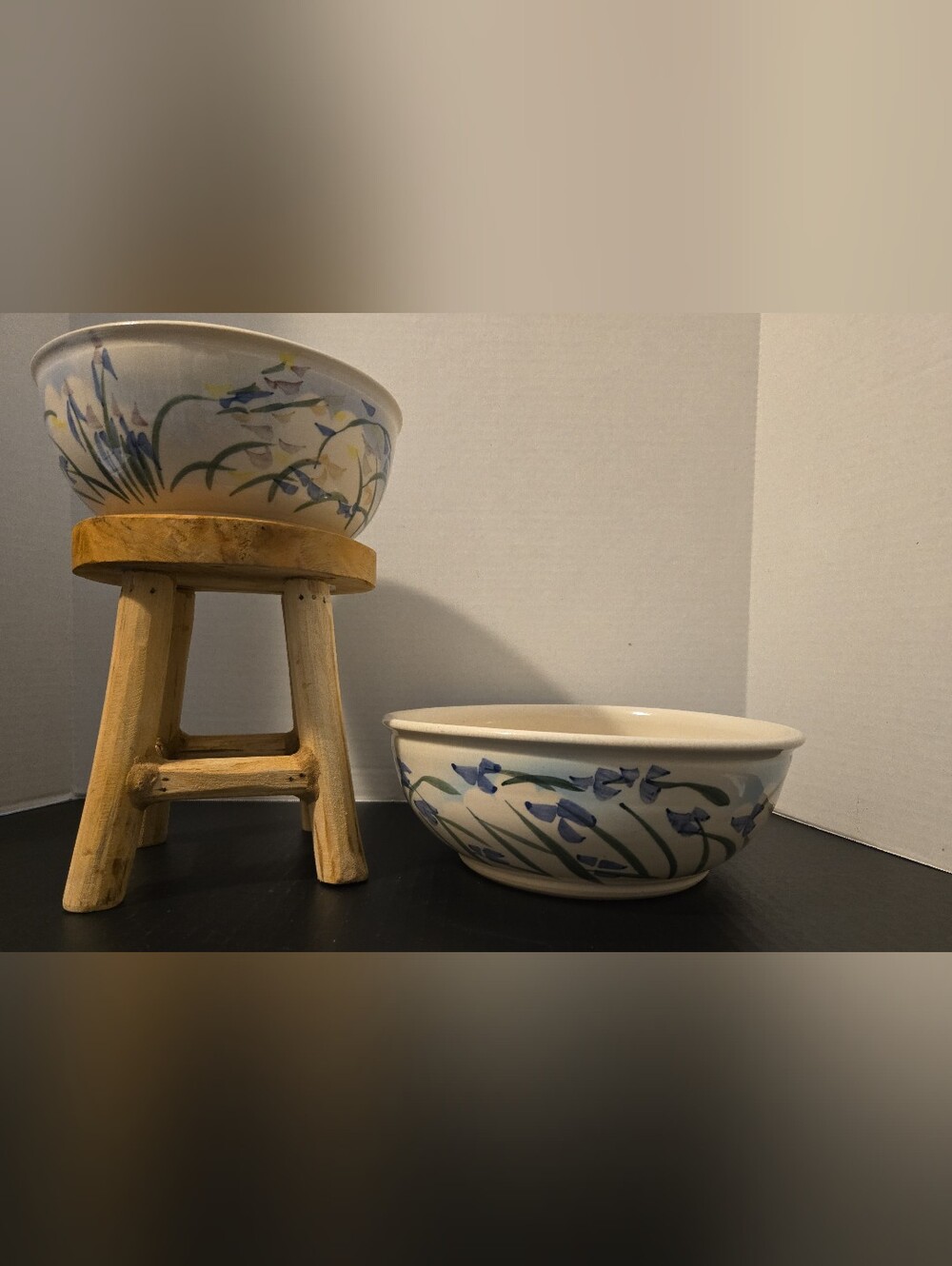 Vintage Pottery Serving Bowls Hand Painted Purple Flowers Signed